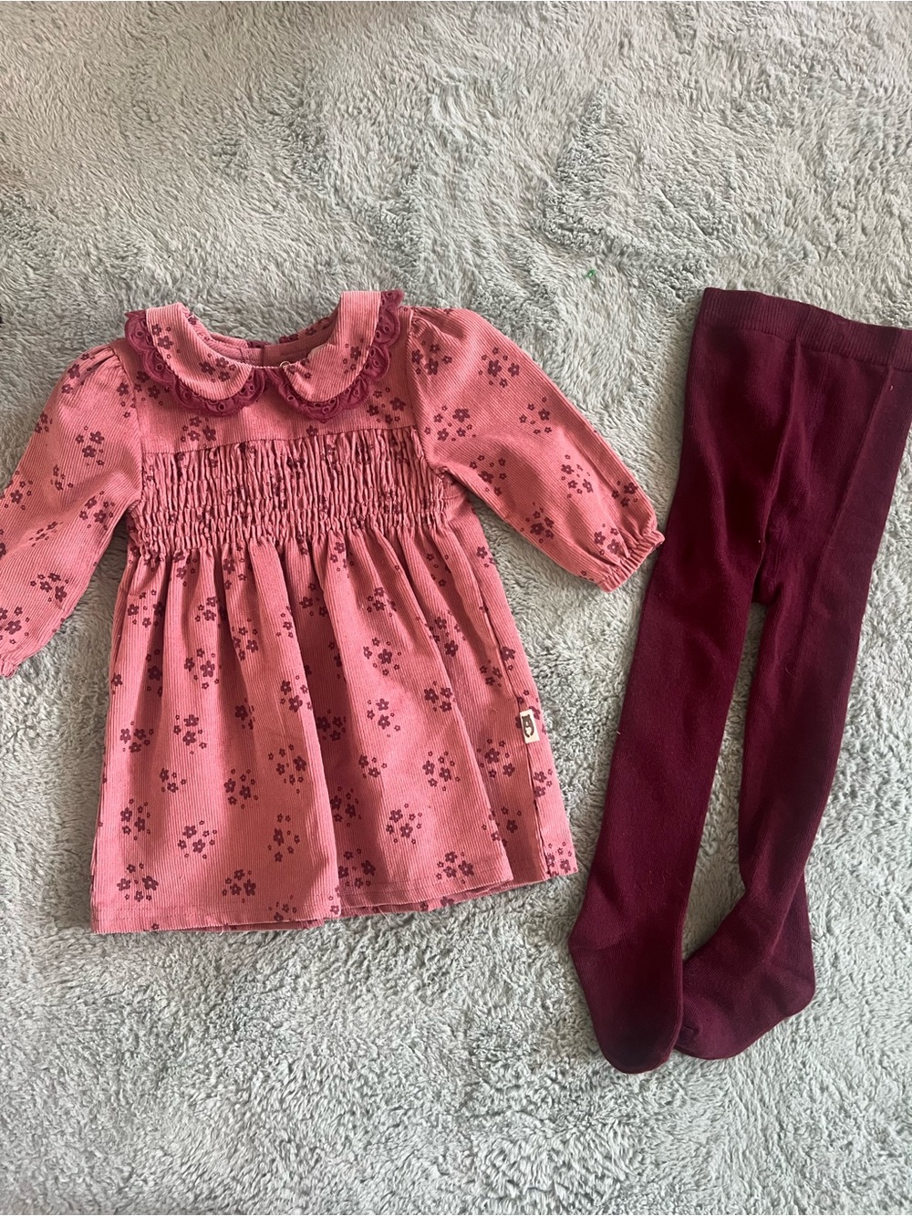 Rabbit + Bear Pink Corduroy Floral Smocked Dress with Burgundy Tights